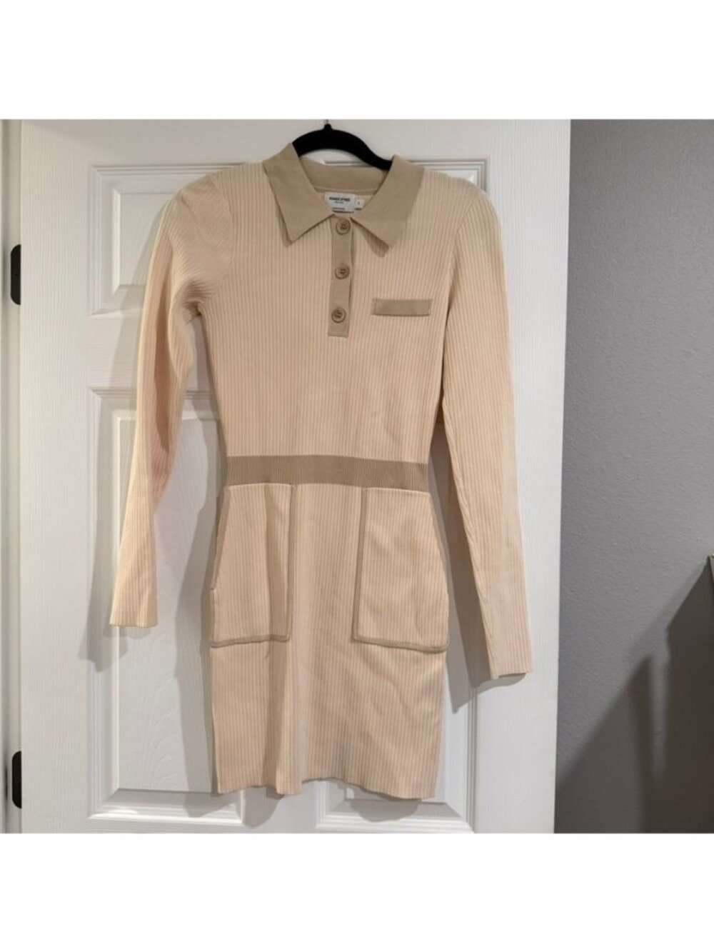 Romee Strijd NA-KD Ribbed Cream Tan Trim Long Sleeve Detail Dress Size Small NWO